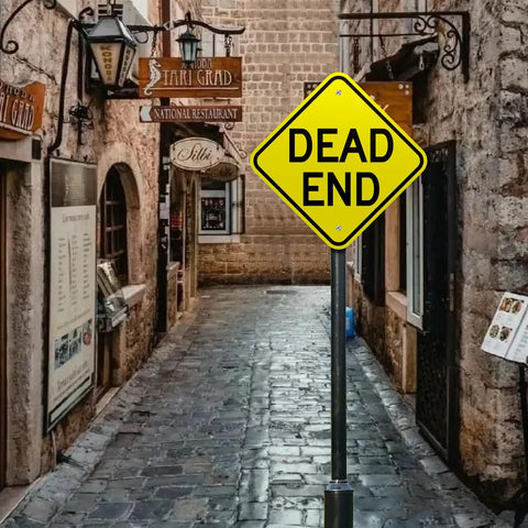 Road Ready Dead End Sign Clears Up Property Boundaries Fast With A Hella Durable 12X12 Inch Reflective Aluminum Panel, yellow sign in a cobbled alley