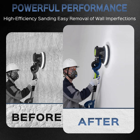 Drywall Sander With 8 Amp Copper Motor, Heavy Duty Pro Grade DIY Tool For Popcorn Ceiling Removal in use before and after