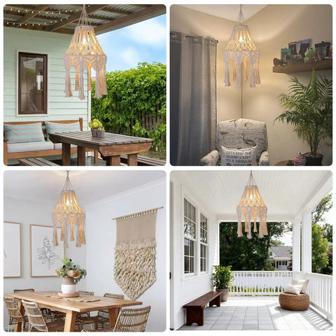 Boho Chic Macrame Pendant Lights With Tassels, Remote Dimmable And Timer, Rechargeable Cordless Hanging Lamp in various room settings