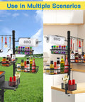 Griddle Caddy Organizer For Outdoor Grilling with utensils, condiments, and paper towel holder in outdoor and indoor setups.
