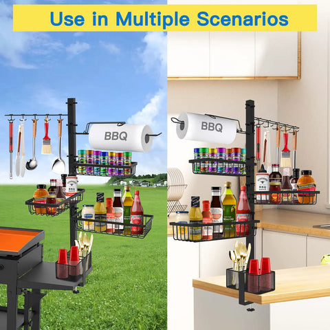 Griddle Caddy Organizer For Outdoor Grilling with utensils, condiments, and paper towel holder in outdoor and indoor setups.