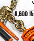 Beefy Heavy Duty Chain And Load Binder Kit with orange folding handles and Grade 70 chain, 6,600 lbs safe working load detail.