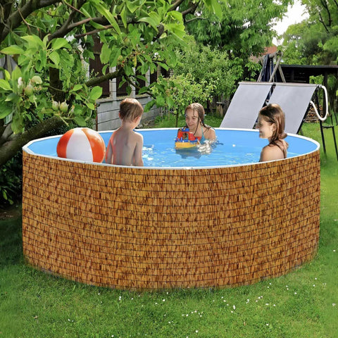 Pool surrounded by Privacy Screen Made Of Bamboo Reed Fencing For Patio And Backyard Hangout, 4 Feet High Outdoor Privacy Barrier