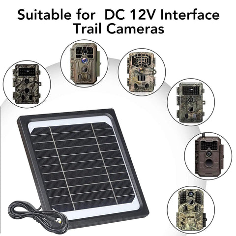 5W 12V Trail Camera Solar Panel Charger Kit With 5200mAh Battery shown with compatible cameras