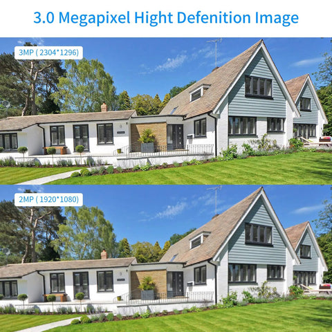 Comparison of 3MP and 2MP house images from 5x Optical Zoom Outdoor Security Cam With 2K Resolution Pan Tilt Zoom Floodlights Full Color Night Vision