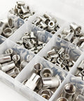 300 Pcs Rivet Nut Kit Stainless Steel Metric M3 M4 M5 M6 M8 M10 M12 And SAE Sizes Eight Thirty-Two Ten Twenty Four Three Eighths Sixteen Resealable Storage Box Durable 304 Nutserts For Auto Marine Bike DIY Projects displayed in a box