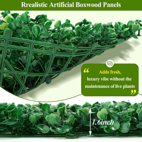 Close-up of Sixteen 10 By 10 Inch Artificial Grass Wall Panels Pack Includes UV Resistant Boxwood Faux Greenery for privacy use