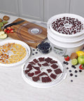 Stackable Electric Food Dehydrator Trays Two Pack Heavy Duty Drying Racks For Herbs Fruit And Beef Jerky Space Saving Kitchen Essentials displayed with fruits and jerky.