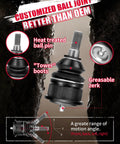 Customized ball joint with heat-treated pin and greasable zerk, featuring tower boots, for improved suspension performance.