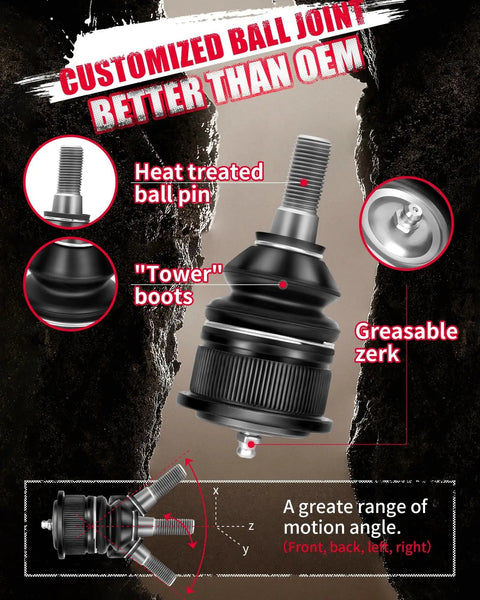 Customized ball joint with heat-treated pin and greasable zerk, featuring tower boots, for improved suspension performance.
