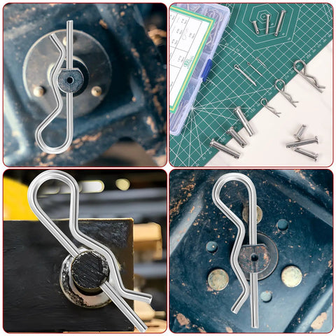 Premium 304 Stainless Steel Clevis Pin And Cotter Pin Kit with R clips displayed on various surfaces and in storage box.