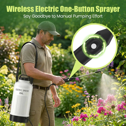 Man using Rechargeable 2.11 Gallon Garden Sprayer With USB Powered Handle in garden with flowers