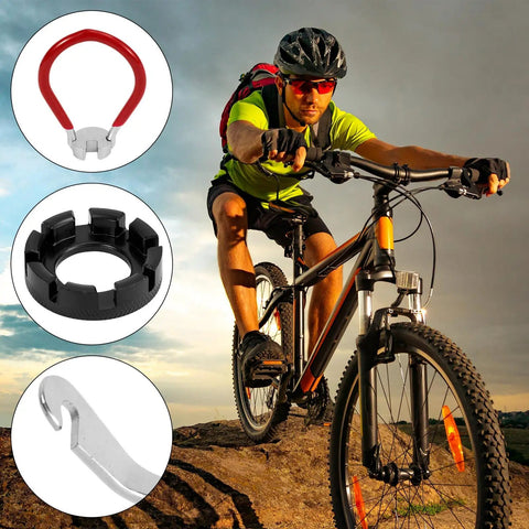 Cyclist with 5-Piece Universal Bicycle Spoke Wrench Set With Tire Lever, metal and rubber wrenches for cycling repairs