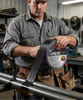 Worker using Heavy Duty Black Duct Tape With Tear By Hand And No Residue Adhesive Industrial Strength Waterproof All Purpose Tape.