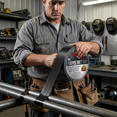 Worker using Heavy Duty Black Duct Tape With Tear By Hand And No Residue Adhesive Industrial Strength Waterproof All Purpose Tape.