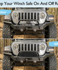 Heavy Duty 900D Waterproof Winch Cover With Top Zipper Fits 8000-13500 Lbs Electric Winches on Jeep, showcasing before and after protection.