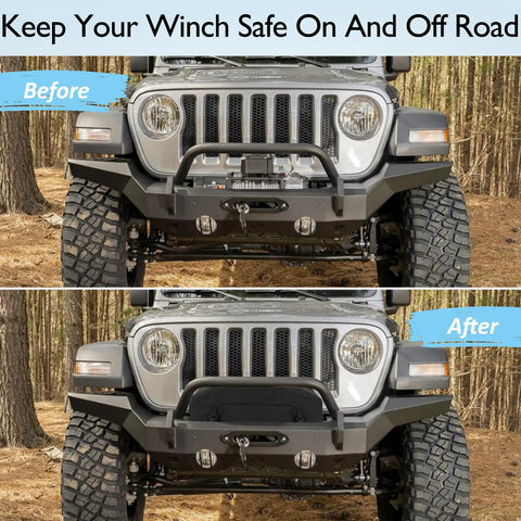 Heavy Duty 900D Waterproof Winch Cover With Top Zipper Fits 8000-13500 Lbs Electric Winches on Jeep, showcasing before and after protection.
