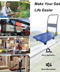 Beast Of A Heavy Duty Foldable Platform Truck With 880 Lb Capacity Anti Skid Deck Swivel Brake Wheels Steel Flatbed Utility Cart For Warehouse Office And Home Use Blue on blue deck with handle