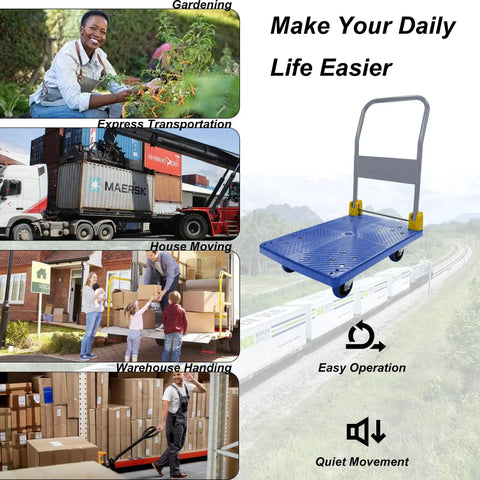 Beast Of A Heavy Duty Foldable Platform Truck With 880 Lb Capacity Anti Skid Deck Swivel Brake Wheels Steel Flatbed Utility Cart For Warehouse Office And Home Use Blue on blue deck with handle