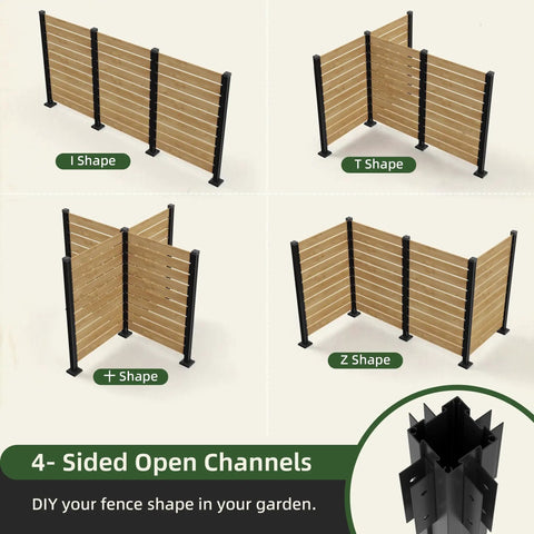 Four configurations of Outdoor Cedar Wood Privacy Screen With Aluminum Posts, 60 Inch High By 78 Inch Wide, showcasing versatile shapes.