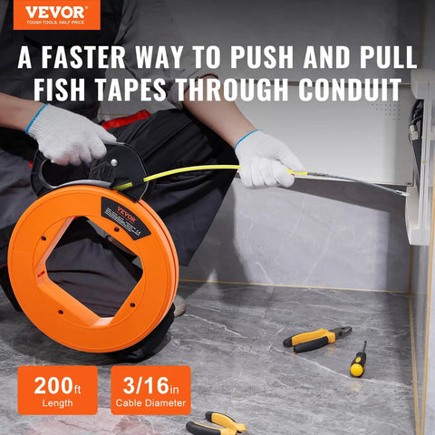200 Ft Fiberglass Fish Tape For Electrical Wiring glides through tight cavities, featuring a 3/16 inch diameter and flexible design.