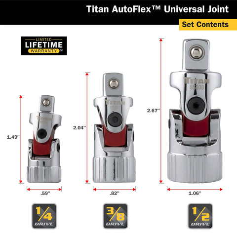 Auto Flex Universal Joint Socket Set Three Piece With 1/4 3/8 1/2 Inch Drives Chrome Vanadium Steel Rust Resistant