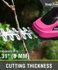 Slick Cordless Hedge Trimmer And Grass Shears 2 In 1 Lightweight Electric Bush Tool With Rechargeable Battery And Type C Charging Cable For Easy Peasy Trimming No Sweat Garden Cleanup Kit Pink cutting through a branch with 0.31" thickness.