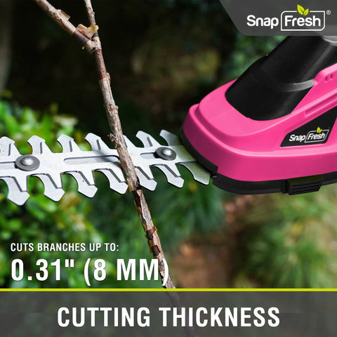 Slick Cordless Hedge Trimmer And Grass Shears 2 In 1 Lightweight Electric Bush Tool With Rechargeable Battery And Type C Charging Cable For Easy Peasy Trimming No Sweat Garden Cleanup Kit Pink cutting through a branch with 0.31" thickness.
