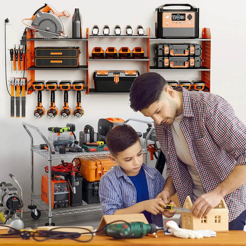 Power Tool Organizer Wall Mount With Charging Station, Three Layer Heavy Duty Garage Storage, 45.6 Inch Wide, Holds Eight Drills