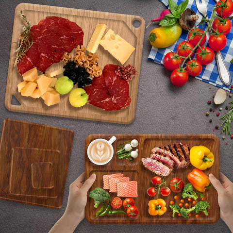Two wooden charcuterie boards with various foods, showcasing use with the Eight Piece Router Templates Set For Woodworking And Charcuterie Boards
