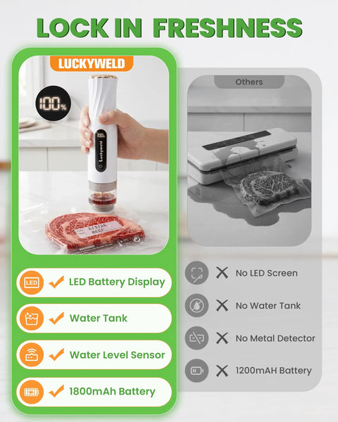 Handheld Compact Vacuum Sealer For Food, Portable Meal Saver That Locks In Freshness In 5 To 10 Seconds shown beside competing model