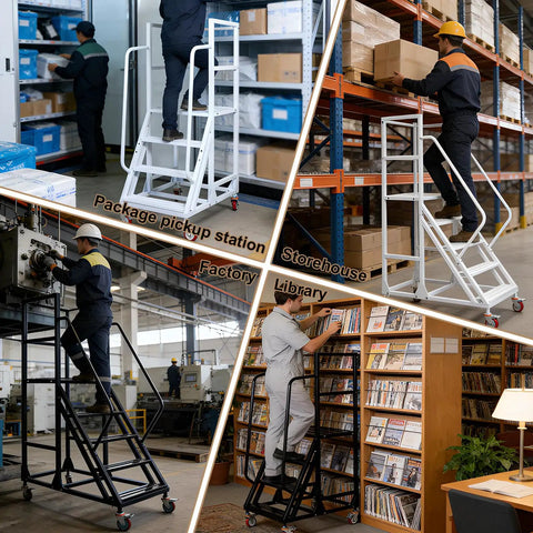 Top Shelf Easy Glide Six Step Warehouse Ladder With Triple Guardrails And Double Handrails Industrial Mobile Platform Staircase On Wheels Built Tough Handle Eleven Hundred Pound Load