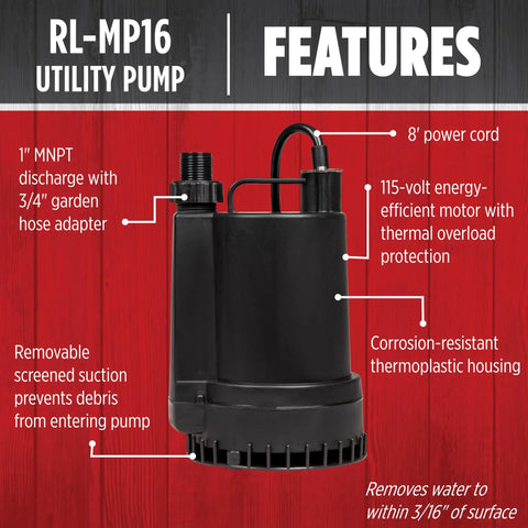 115 Volt 1/6 HP Submersible Utility Pump With 1300 GPH Flow, Manual Thermoplastic Design, Removable Screen, 8 Feet Cord