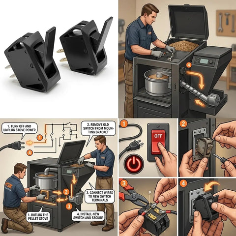 Diagram showing Direct Fit Pellet Stove Hopper Cover Switch Replacement For SRV7000 612 And SRV7000 819 installation process.