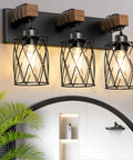 Farmhouse Wood And Black Metal Vanity Light With 3 Lights Over Mirror For A Dope Industrial Cage Shade Look Rustic Restroom Glow And Bathroom Decor E26 Base