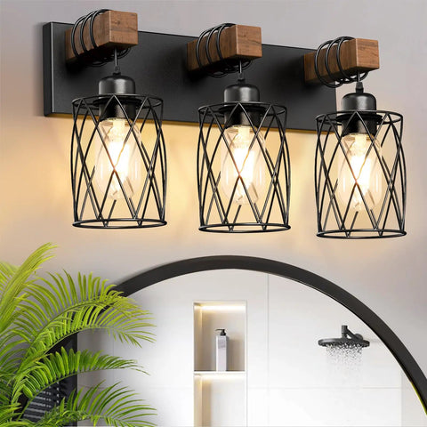 Farmhouse Wood And Black Metal Vanity Light With 3 Lights Over Mirror For A Dope Industrial Cage Shade Look Rustic Restroom Glow And Bathroom Decor E26 Base