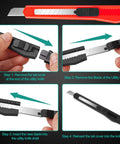 Step-by-step instruction for blade replacement in 24 Pack 9mm Wide Box Cutters Retractable Utility Knife Set For Heavy Duty Office Home Use Arts Crafts And DIY Projects Grab And Go Grips Workhorse Design Extended Use With Disposable Blades