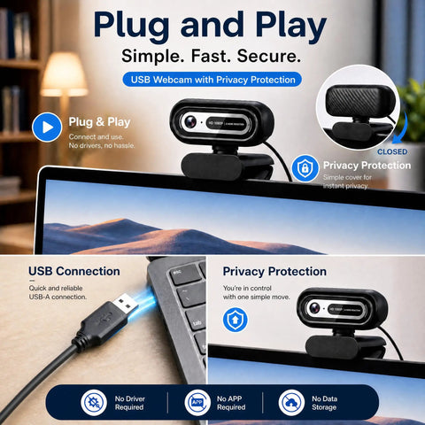 Legit Crisp 1080P Webcam For PC And Laptops With Dual Noise Cancelling Mic, USB connection, privacy cover, plug and play setup.