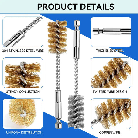 16 Piece Drill Bore Brush Set With Long One Quarter Inch Hex Shank Handles For Cleaning Drill Holes In Tight Spots, brush details
