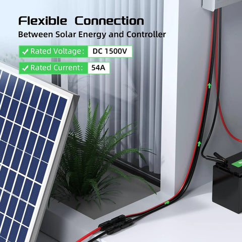 10 AWG Solar Panel Extension Cable 20 Feet Dual Conductor with connectors connecting solar panel and battery