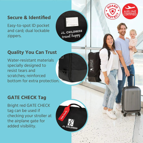 Family with luggage and stroller bag, highlighting padded compact travel stroller bag for airport travel, gate check ready, AirTag compatible