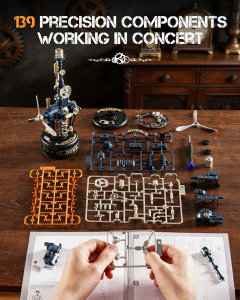 3D Puzzle For Adults Beacon Tower Model Kit With Lights And Moving Engine Propeller, 139 Pcs Mechanical Building Set For STEM Learning, Cool Desk Decor And Gift For Men Women Teens, 6 Dynamic Effects And 3 Lighting Modes. Parts laid out with hands assembling propeller