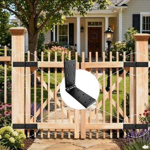 Tough As Nails Heavy Duty Gate Hinges 4 Pack showcased on a wooden gate in a garden with black steel coating.