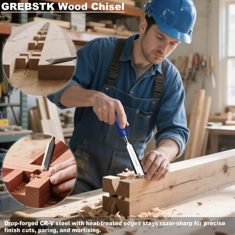 Kickass Four Piece Wood Chisel Set Built From Heavy Duty Chrome Vanadium Steel For Hella Sharp Cutting Through Hardwood And Softwood Smoothly in use.