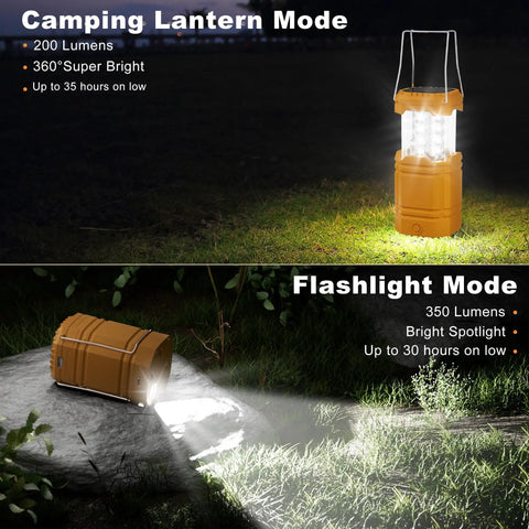 Go-To LED Camping Lantern With USB Rechargeable, Solar Panel And Hand Crank, showing lantern and flashlight modes outdoors at night