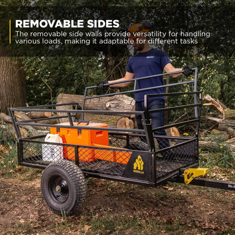 Heavy Duty ATV Trailer With 27.5 Cu Ft Bed, 1,400 Lb Load Capacity, black steel utility dump cart in forest with removable sides