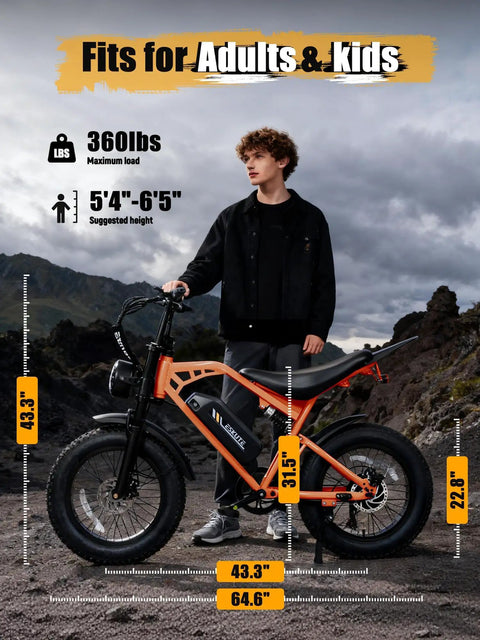Person standing beside Electric Dirt Bike For Adults 1300W Peak Power 52 Volt 21Ah Battery Up To 32 MPH On 20X4 Fat Tires, orange frame.