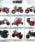 Stage 2 Engine Upgrade Kit With VM22 Carburetor for 212cc Mini Bike and Go Kart Engines shown with compatible vehicles.
