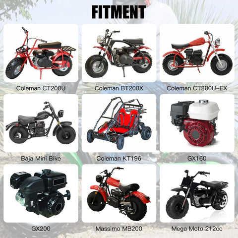 Stage 2 Engine Upgrade Kit With VM22 Carburetor for 212cc Mini Bike and Go Kart Engines shown with compatible vehicles.