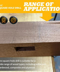 Kickin Square Hole Drill Bit Set With Universal Chuck Adapter For One Fourth 5 16 3 8 And One Half Inch woodworking demo on wood.